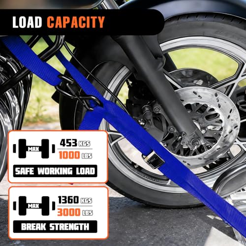 2PK 1.5" x 8FT Motorcycle Tie Down Straps, 3,000lb Break Strength, Heavy Duty Cambuckle, Safety S-Hooks & Soft Loops for Dirt Bike, ATV, UTV, Boat, and Kayak, Durable and Easy to Use, Blue - color: Blue