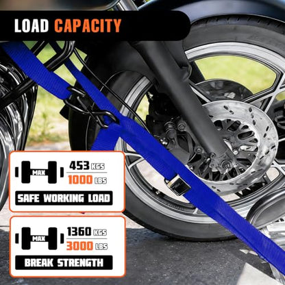 2PK 1.5" x 8FT Motorcycle Tie Down Straps, 3,000lb Break Strength, Heavy Duty Cambuckle, Safety S-Hooks & Soft Loops for Dirt Bike, ATV, UTV, Boat, and Kayak, Durable and Easy to Use, Blue - color: Blue