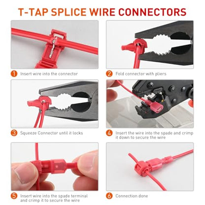 Nilight 120PCS/60 Pairs Quick Splice Disconnect Wire Terminals T-Tap Spade Connectors Red 22-16 AWG Male Female Fully Insulated Electrical Wire Crimp Self-Stripping Kit - size: 120Pcs 22-16AWG