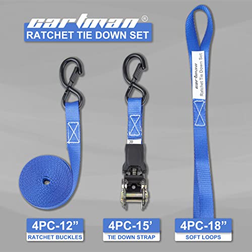 Cartman Ratchet Tie Down Straps 4PK 2,000lb Max Break Strength with Premium 1" x 15' Rachet Tie Downs with Padded Handles, 4PK 1" x 18" Soft Loop for Moving, Securing Cargo - style: 4PK Blue