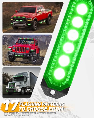 HLauto 406T Emergency Strobe Grille Lights: 4Pcs 6 LED Sync Feature Safety Warning Flashing Light, 12V-24V Ultra Slim Surface Mount Hazard Caution Light for Truck, Vehicle, Car, ATV, UTV (Green) - color: Green