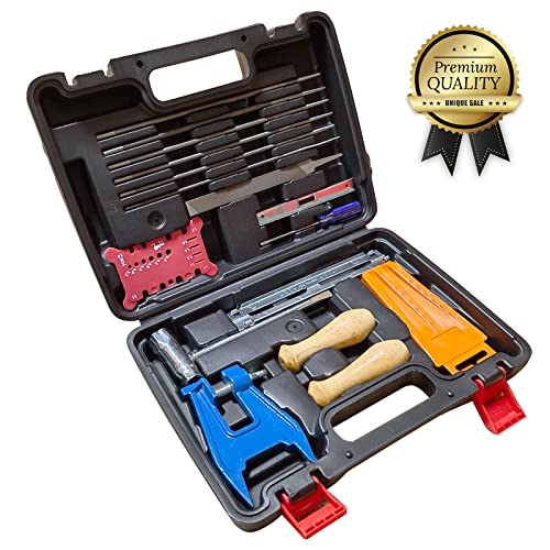 YEFA Chainsaw Chain Sharpening Kit with Hard Case - Contains T - Wrench, Blade Filing Guide, Handles, Depth Gauge, Stump Vise, Felling Wedge, Screwdriver, and More Accessories