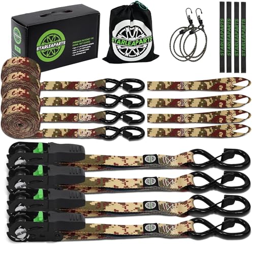 Motorcycle Tie Down Strap (4PK) - 2,100lb Break Strength Ratchet Tie Down Straps Set with 2 Bungee Cord, Soft Loop Ratchet Straps for Moving Appliances, Lawn Equipment, Cargo Straps for Trucks, Camo - color: Camo, size: 2100lb - 15ft
