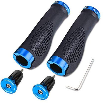 TOPCABIN Ergonomic Bike Grips - Widen Holding Rubber Grips with Aluminum LockGrips for Mountain & Road Bikes - color: (Aluminum Lock Plug+grips) Light blue 1 Pair