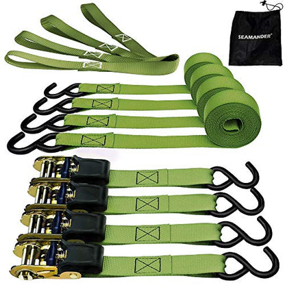 Seamander Ratchet Tie Down Straps 500 Load Capacity & 1,500 Lbs Breaking Strength (4 Pack & 4 Soft Loops)