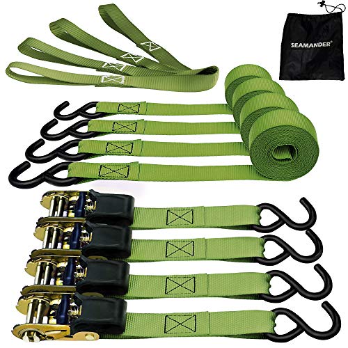 Seamander Ratchet Tie Down Straps 500 Load Capacity & 1,500 Lbs Breaking Strength (4 Pack & 4 Soft Loops)