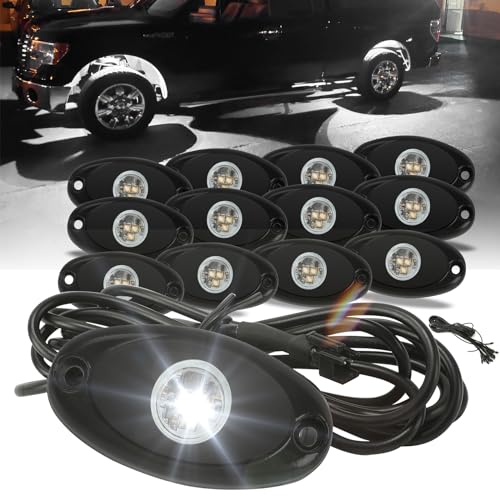 SUNPIE 12 Pods White Rock Lights – Quick Connect, 3 High Power Chips, 4M Extension Wires, Mounting Pads Included, 6000K Pure White, IP67 Waterproof, Fits Trucks, SUV, ATV, UTV, Trailer - color: White, size: 12 Pods