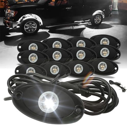 SUNPIE 12 Pods White Rock Lights – Quick Connect, 3 High Power Chips, 4M Extension Wires, Mounting Pads Included, 6000K Pure White, IP67 Waterproof, Fits Trucks, SUV, ATV, UTV, Trailer - color: White, size: 12 Pods