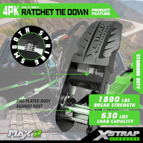 XSTRAP STANDARD Ratchet Tie Down Straps - 4 Pk - 1'' x 15 Ft 1890 Lbs Break Strength-Cargo Straps with Integrated Soft Loops, Padded Handles & Coated S Hook W/Safety Clip for Motorcycle, Truck (Green) - size: Green-1890 lbs