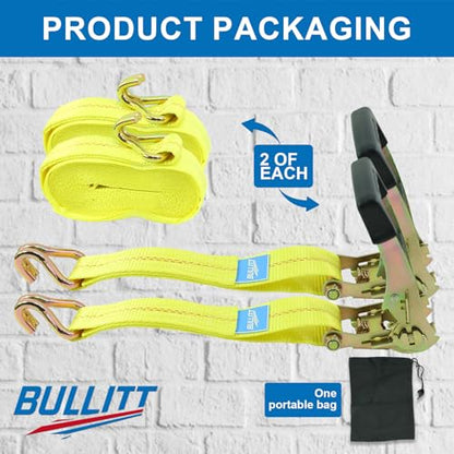 Bullitt Heavy Duty Ratchet Straps,2PCS 2"*27' Tie Down Straps-10,000lb Break Strength with J Hooks Iron Handles for Moving, Securing Motorcycles/Cargo/Car Roof/Household-Yellow