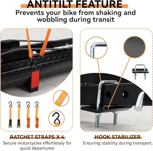 Heavy-Duty Steel Motorcycle Trailer Carrier with Loading Ramp, 600 Lbs Motorcycle Carrier Mount,Scooter Dirt Bike Trailer Hauler with Ratchet Straps and Stabilizer, for Car,Truck