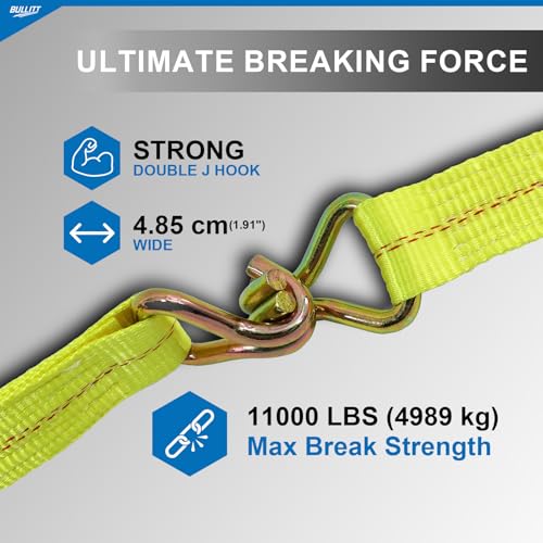 Bullitt Heavy Duty Ratchet Straps,2PCS 2"*27' Tie Down Straps-10,000lb Break Strength with J Hooks Iron Handles for Moving, Securing Motorcycles/Cargo/Car Roof/Household-Yellow
