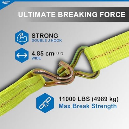 Bullitt Heavy Duty Ratchet Straps,2PCS 2"*27' Tie Down Straps-10,000lb Break Strength with J Hooks Iron Handles for Moving, Securing Motorcycles/Cargo/Car Roof/Household-Yellow