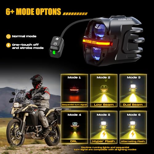 Future Eyes Motorcycle Fog Lights 120W LED Amber Auxiliary Driving Lights with DRL & Strobe, IP67 Waterproof Motorcycle Light for Night Riding, Off-Road, Dirt Bike, ATV, UTV, Golf Cart