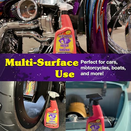 Wizards Mist-N-Shine Detail Spray and Bike Wash Bundle - 22 Oz - Multi-Purpose High Gloss Finish Waterless Quick Detailer Spray for Glass, Chrome, Paint and Plastics - Cleaner For Motorcycle Washing
