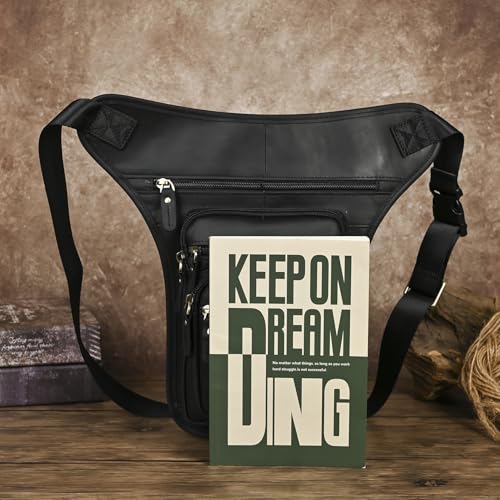 Le'aokuu Mens Genuine Leather Motorcycle Tactic Belt Waist Pack Drop Leg Cross Over Bag - color: 3111 Black
