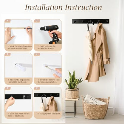 Coat Rack Wall Mount, Wooden Coat Hanger with 5 Hooks, Heavy Duty, Black, 1 Pcs - color: Black
