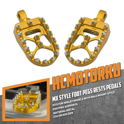 CNC MX Style Wide Foot Pegs with 360° Roating Compatible with Harley Dyna Softail Fatboy Sportster Iron 883 Chopper Bobber Models Gold - color: Gold with Cone Spikes