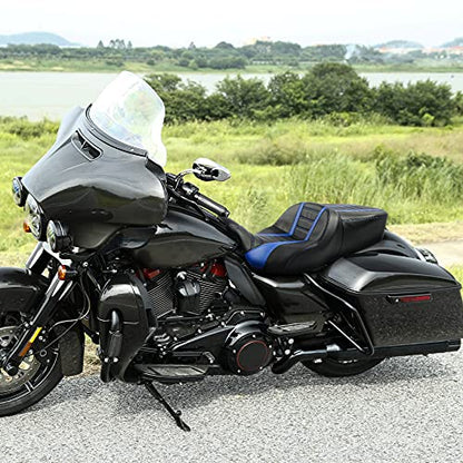 C.C. RIDER Blue Motorcycle Seat - Driver Seat Cushion Rally Stripe Tuck and Roll fit for Harley Touring Road King Street Glide Road Glide Electra Glide 2009-2023 - color: Black Blue