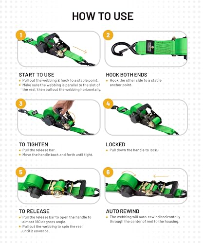 Strapinno Retractable Ratchet Tie-Down Straps,5,000 lbs Breaking Strength- 2 in x 12 ft Heavy Duty Ratchet Strap with Safety Lock S Hooks for Motorcycles, ATVs, UTVs, Lawn Equipment & Cargo (Green) - color: Green