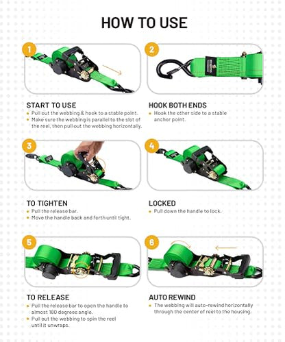Strapinno Retractable Ratchet Tie-Down Straps,5,000 lbs Breaking Strength- 2 in x 12 ft Heavy Duty Ratchet Strap with Safety Lock S Hooks for Motorcycles, ATVs, UTVs, Lawn Equipment & Cargo (Green) - color: Green