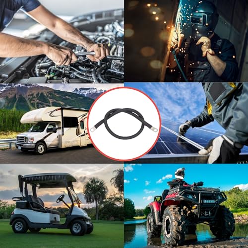 2 AWG Battery Cable with Battery Terminals, Pure Copper Wire, Automotive, Solar Power Inverter, Welding, Golf Cart, Lawn Mower, Motorcycle (Black Wire, 1 FT (12 in), 3/8" Lugs on Both Ends, 1pc) - color: Black, size: 1 FT 3/8" Lugs