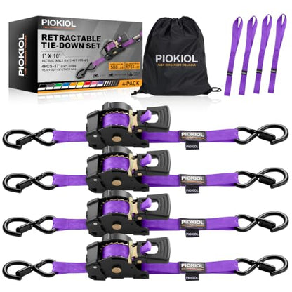 Retractable Ratchet Straps (4-Pack) - 1 Inch x 10 Feet (1,764lb Break Strength) - Heavy Duty Auto Self Retracting Tie Down Straps for Truck, Cargo Trailer, Motorcycle, ATV, UTV – Purple - color: Purple
