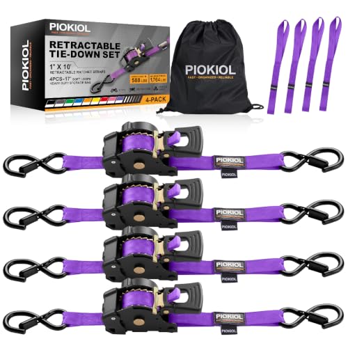 Retractable Ratchet Straps (4-Pack) - 1 Inch x 10 Feet (1,764lb Break Strength) - Heavy Duty Auto Self Retracting Tie Down Straps for Truck, Cargo Trailer, Motorcycle, ATV, UTV – Purple - color: Purple