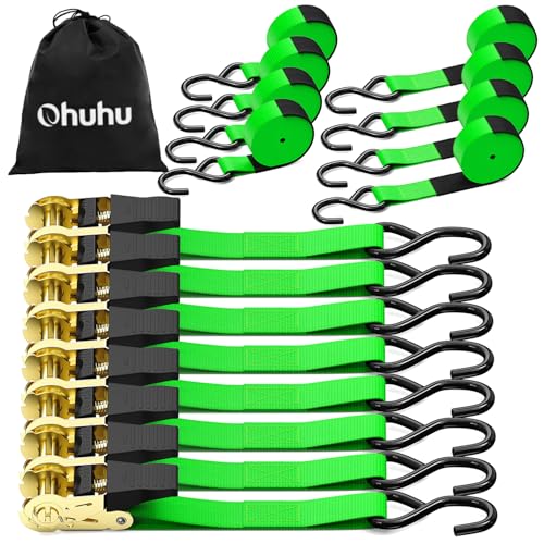 Ratchet Tie Down Strap 8-Pack 15 Ft - 500 lbs Load Cap with 1500 lbs Breaking Limit, Ohuhu Ratchet Tie Downs Logistic Cargo Straps for Moving Appliances, Motorcycle, Green - color: Green, size: 8-Pack