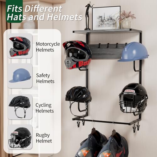 Motorcycle Helmet Holder Wall Mounted, Helmet Holder Wall Mount with Helmet Rack, 4 Glove Chips and 4 hooks, Rustic Helmet Holder and Motorcycle Helmet Rack for Most of Helmet and Clothes (Grey) - color: Grey