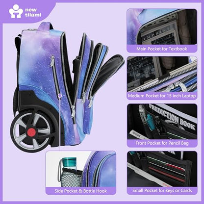 NEW TILAMI 20" Rolling Backpack for Teens Adults, Climbing Stairs Waterproof Backpack with Wheels for School Business Trave Camping with Laptop Compartment, Fit 17 Inch Laptop, Purple - Blue Fade - color: Purple - Blue Fade