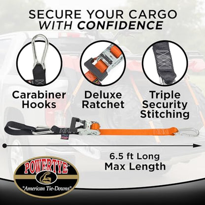 PowerTye 1.5in x 6.5ft Heavy Duty Ratchet Tie-Down Straps with Soft-Tye and Carabiner Hooks - 1,000 lb Working Load Limit / 3,000 lb Breaking Strength - Made in USA - Black/Black Pair - color: Black, size: 6.5 ft