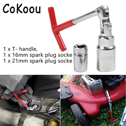 Spark Plug Socket Wrench T-Handle, Universal Spark Plug Remover and Installer Tool for Motorcycles, Small Motor Vehicles, Lawn Mowers, 6mm (5/8") & 21mm (13/16") Sizes