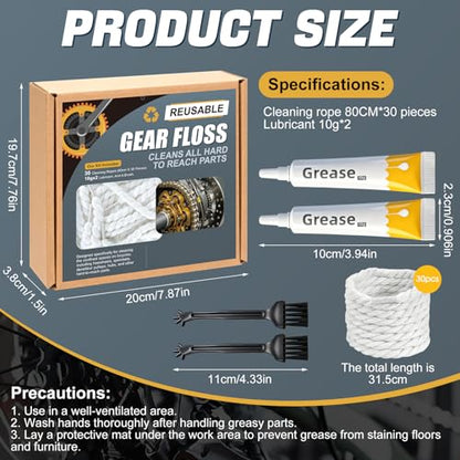 Gear Floss Microfiber Cleaning Rope Kit, Washable and Tear-Resistant | Complete Bike Cleaning Kit with Lubricant and Brush, for Bicycle Chain, Motorcycle Chain, 3D Printer Lead Screw