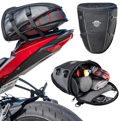 Nomad USA Motorcycle Tail Bag, Waterproof Street Sportsbike Rear Rack/Seat Bag Converts to Shoulder Bag, 10-15L Expandable Tail Tank Tool Pouch/Handle Carry Bag with Rain Cover, Mounting Straps