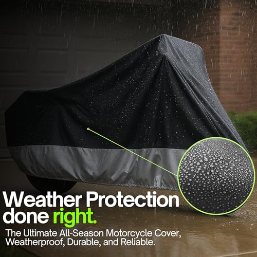 Formosa Covers Waterproof Motorcycle Cover Fits Bikes Up to 94", Heavy Duty 300D Outdoor Rain Sun Dust Protection, Soft Lined, Heat Shield, Lock Holes, Harley Honda Yamaha Kawasaki Suzuki - size: XL Motorcycle