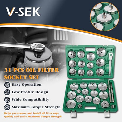 Oil Filter Wrench Set, 31PCS Oil Filter Socket Set, Oil Filter Cap Removal Tool, 1/2" Drive Stainless Steel 27mm 32mm 36mm 64mm-101mm Compatible with Volvo, BMW, Toyota, Nissan, etc