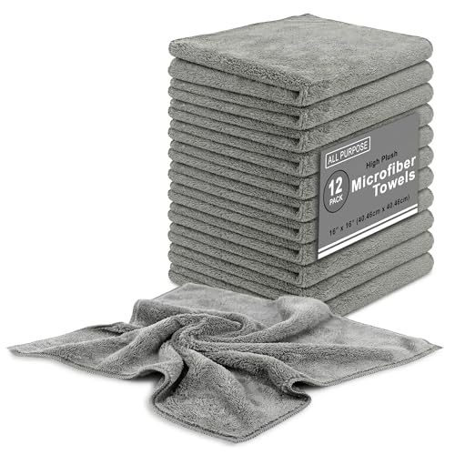 Blue Horizon Microfiber Cleaning Towels High Plush All Purpose Cleaning Rags 12-Pack 16x16 for Professional Polishing Waxing Removal as Car Auto Detailing Washcloths