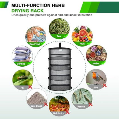 Yesker 4 Layer Herb Drying Rack Hanging Mesh Net Foldable Plant Drying Racks 18" Diameter with Black Zipper & Hook Dryer Hanging Rack for Herbs Seed Bud Fruit Clothes Grow Tent Closets Garden Outdoor - size: 4 Layers Black with Hook