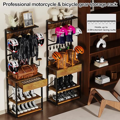 Motorcycle Helmet Holder Floor Standing, 72"x24"x14" | Large Capacity Motorcycle Helmet Storage Rack with Drawer, For Sports Helmets & Boots Clothing Cyclinge Gear Kit - size: 72"Hx24"Lx14"W