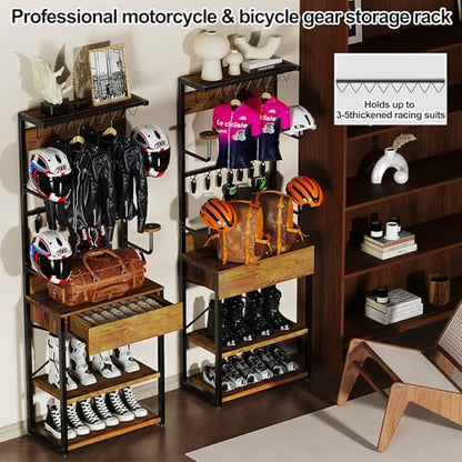 Motorcycle Helmet Holder Floor Standing, 72"x24"x14" | Large Capacity Motorcycle Helmet Storage Rack with Drawer, For Sports Helmets & Boots Clothing Cyclinge Gear Kit - size: 72"Hx24"Lx14"W