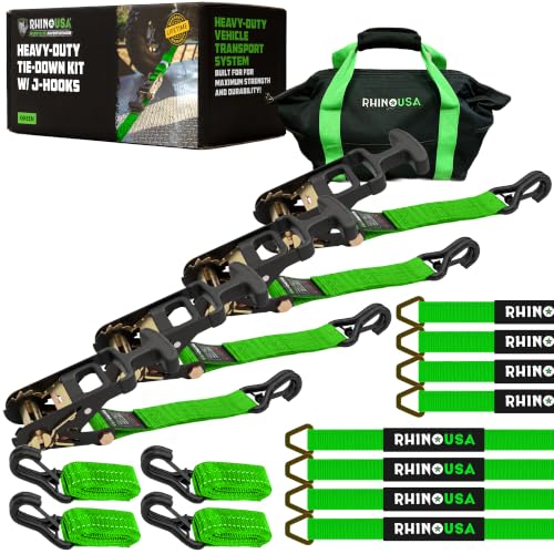 Rhino USA Car Tie Down Straps for Trailers with J Hooks (4-Pack) – 2" x8' (10,000lb Break Strength) – Heavy Duty Car Hauler Tire Straps with Axle Straps for UTV, Powersports & More – Green - color: Green, size: J-Hook