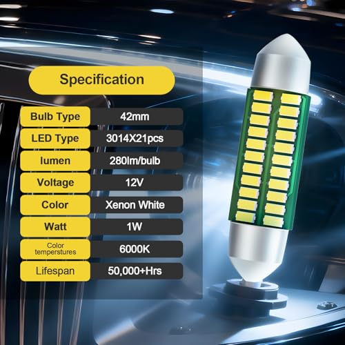 4Pcs 42mm LED Bulb 211-2 41mm 578 1.65in CANBUS Error Free, 6000K White Super Bright Festoon, Interior Dome Map Trunk License Plate Light for Car 12V. - size: 42MM