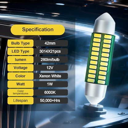 4Pcs 42mm LED Bulb 211-2 41mm 578 1.65in CANBUS Error Free, 6000K White Super Bright Festoon, Interior Dome Map Trunk License Plate Light for Car 12V. - size: 42MM