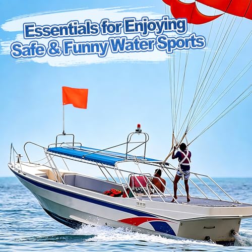 Orange Boat Flag with 53" Adjustable Pole - 12” x 18” Water Ski Flag with Stable Holder, Boat Safety Accessories for Watersports Wakeboarding