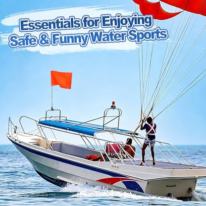 Orange Boat Flag with 53" Adjustable Pole - 12” x 18” Water Ski Flag with Stable Holder, Boat Safety Accessories for Watersports Wakeboarding