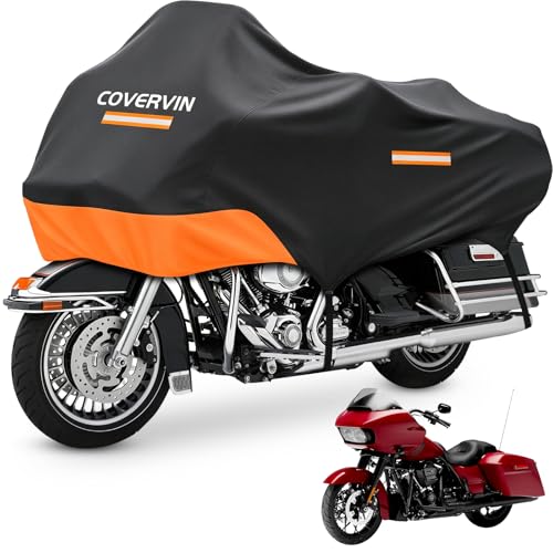 COVERVIN Waterproof Motorcycle Half Cover Fit for Touring Models Road King Street Glide Road Glide and More with Storage Bag, Black&Orange - color: Black&Orange