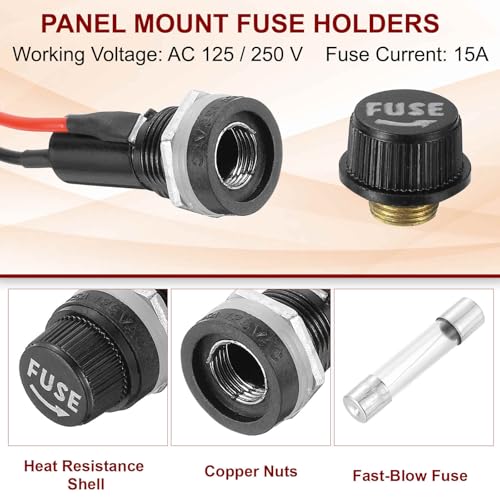 MECCANIXITY 5 Pcs Panel Mount Fuse Holder, 10/15A AC 125/250V 6 x 30mm Fuse Spade Terminal Screw Cap Fuse Holders with Pre-Soldered Wires and 15A Glass Tube Fuses - size: 6X30mm, style: 15A