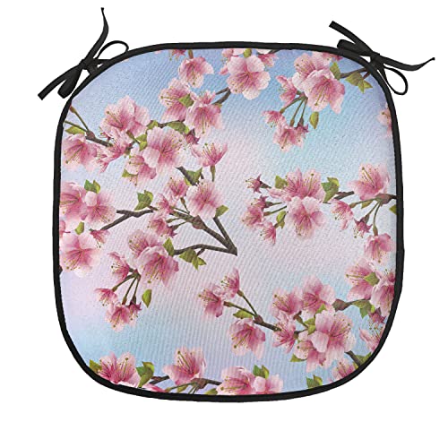 Lunarable Japanese Chair Cushion Pad, Fresh Sakura Petals on a Vivid Sunny Weather Day with Pink Blossoms Spring Theme, Seat Padding for Kitchen & Patio with Anti-Slip Backing, 16"x16", Pink Blue - color: Pink Blue, size: Pack of 1