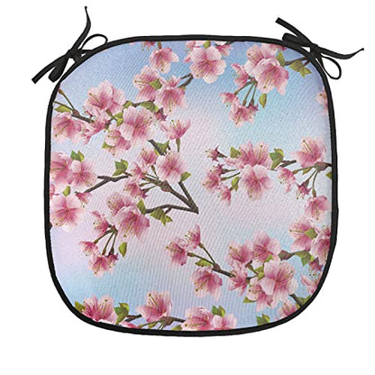 Lunarable Japanese Chair Cushion Pad, Fresh Sakura Petals on a Vivid Sunny Weather Day with Pink Blossoms Spring Theme, Seat Padding for Kitchen & Patio with Anti-Slip Backing, 16"x16", Pink Blue - color: Pink Blue, size: Pack of 1